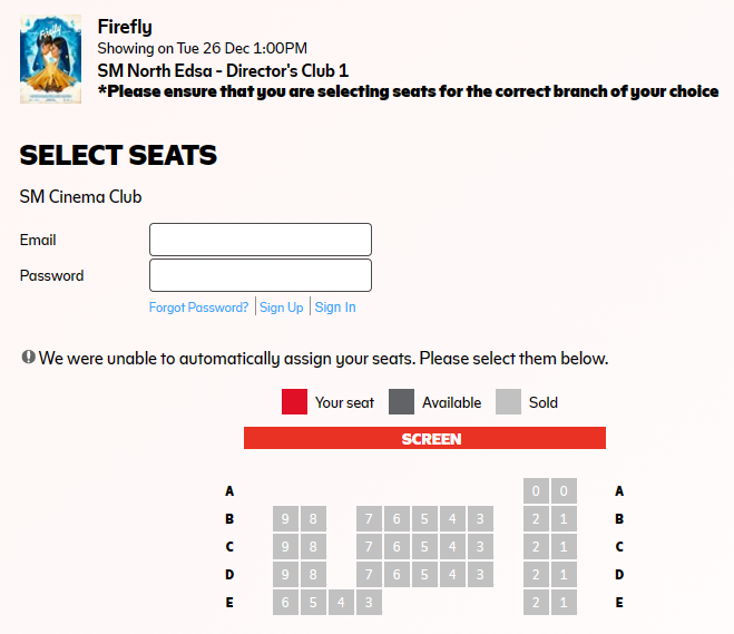 <a href="/SM_Cinema/">SM Cinema</a> SM NORTH EDSA - DIRECTOR'S CLUB 1
1:00 PM SHOWING      

SOLD OUT AGAIN!!! @SM_CINEMA 
#FireflyMovie 
#MMFF2023