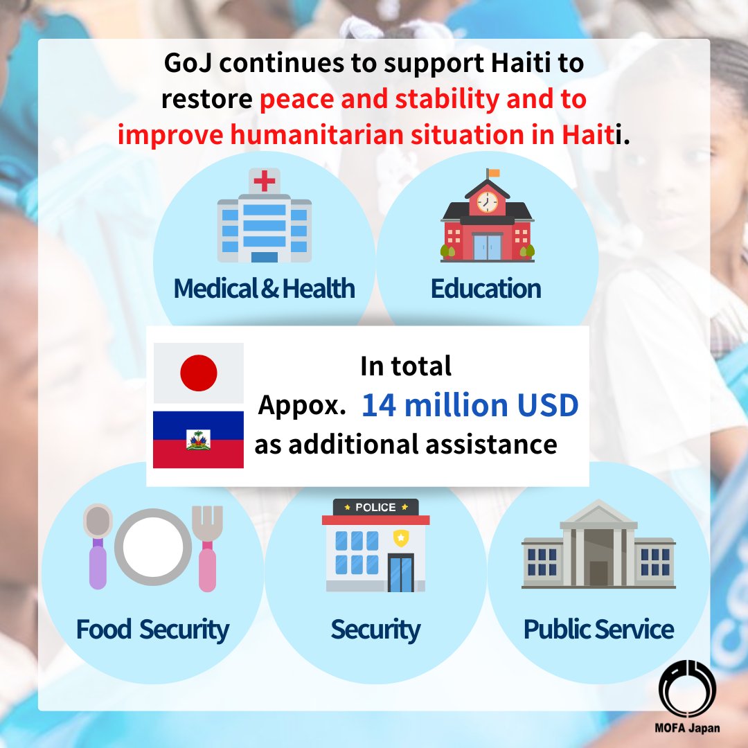 GoJ decided to provide additional assistance of about 14 million USD to improve the security and humanitarian situation in Haiti, where is seriously concerned . GoJ will continue to work closely with the G7, OAS and CARICOM to tackle this serious challenge in Western Hemisphere.
