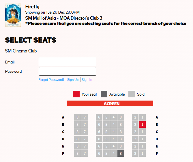SM MOA - DC CLUB 3
2:00 PM SHOWING      

2 TICKETS LEFT!  MAGDAGDAG NA KAYO NG MGA SINEHAN PARA SA FIREFLY @SM_CINEMA!!!!!! WAG KAYONG TULOG DIYAN!!!!
#FireflyMovie 
#MMFF2023