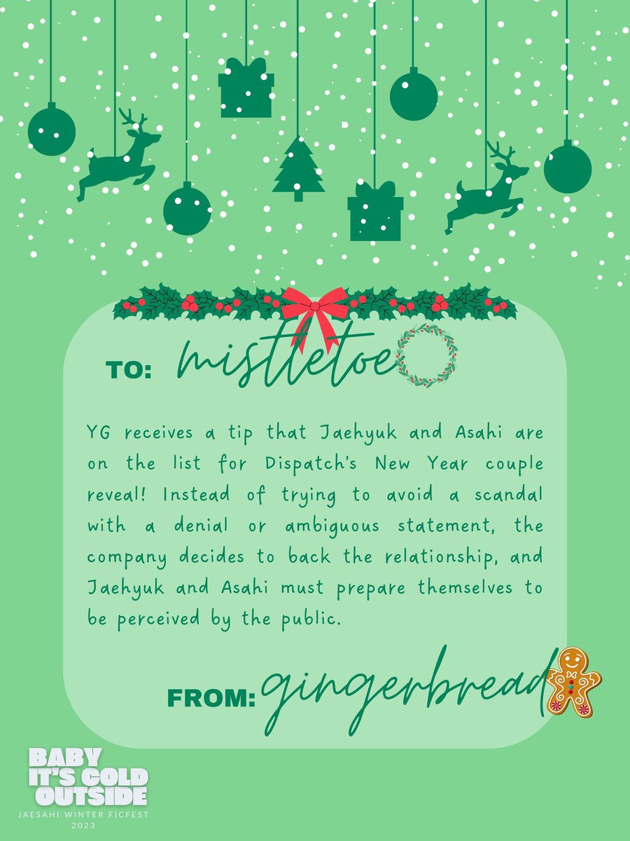 jaesahific's tweet photo. ❄️ tidbits

🎁 A Jaesahi AU by @andnowforyaya [Gingerbread] for @writeforjae [Mistletoe]

🔗 https://t.co/9bcEDiZRia

#BabyItsColdOutside #JAESAHIFICFEST https://t.co/4k19Blk4bZ