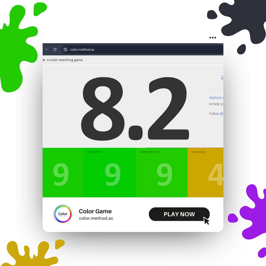 Sneha_m_ux's tweet image. I got a 8.2/10 in Color, a color matching game.🎯

Get ready to play with colors! 🎉

Let your creativity run wild and beat boredom 🥷with this color game. 

color.method.ac 

#ColorfulFun #CreativeEscape