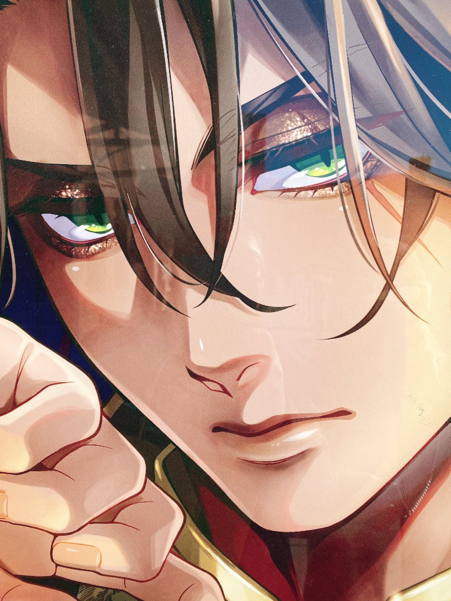 solo 1boy male focus green eyes close-up hair between eyes looking at viewer  illustration images