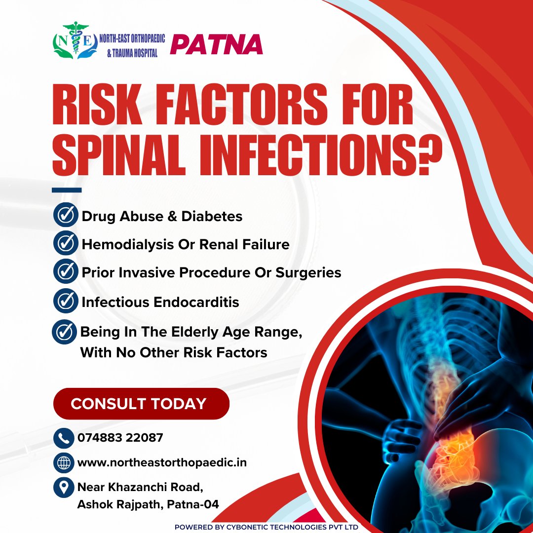 🚨 Spinal health matters! Understanding the risk factors for spinal infections is crucial. 🤔💡 Stay informed, and prioritize your well-being.

Book an Appointment:
☎+91-74883-22087
🌐northeastorthopaedic.in

#SpinalHealth #InfectionRisk #SpinalInfections #SpineHealth #SpinePain