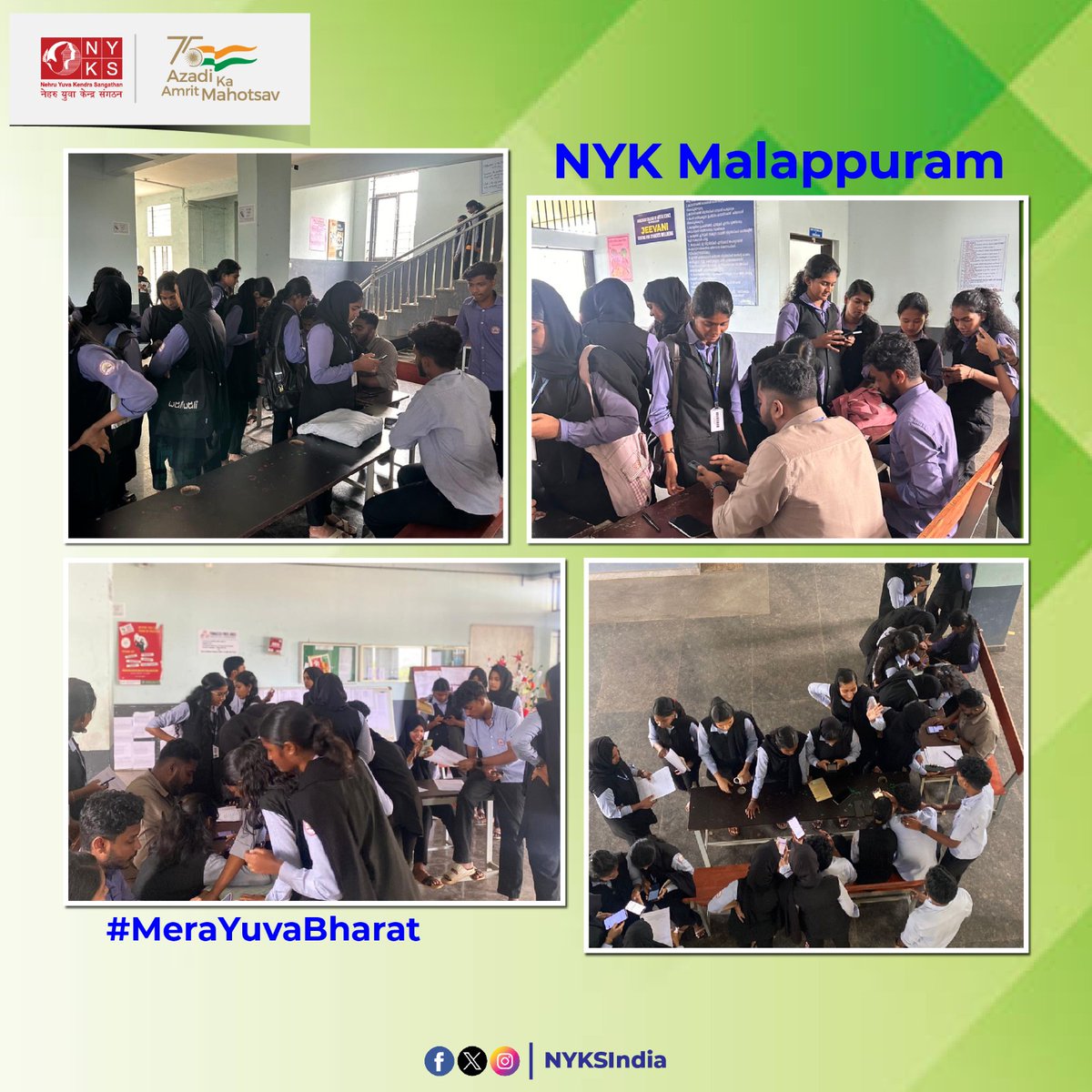 #MYBharat registration drive was organised at Ambedkar College in Malappuram, Tamil Nadu by the local NYK volunteers and authorities to explain the youth about the various career making and experiential learning opportunities on the portal.

Click to Join-mybharat.gov.in