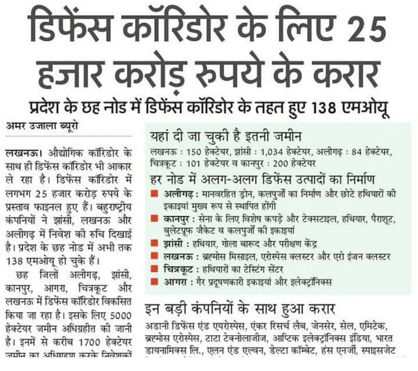#DefenceCorridor #UttarPradesh #Lucknow

'Defense Corridor Project is Taking Shape in a Big Way '

🪖25000 Crores has been signed in with different companies for their investment in the multiple nodes of Defense Corridor in Uttar Pradesh. 

🪖In Lucknow Node projects such as