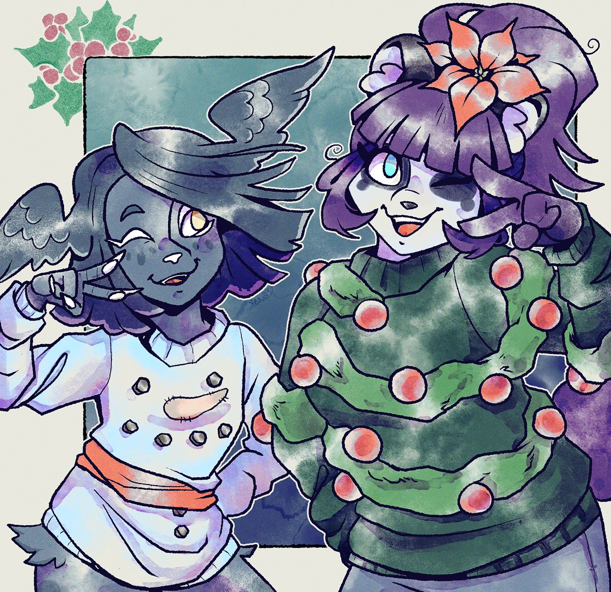 Teafauna's tweet photo. Ugly Christmas Sweater party, including @Alvh_Omega's Mei and @Nahamut's Denjo✨🎄🎁 https://t.co/5CxOEQ8XYi
