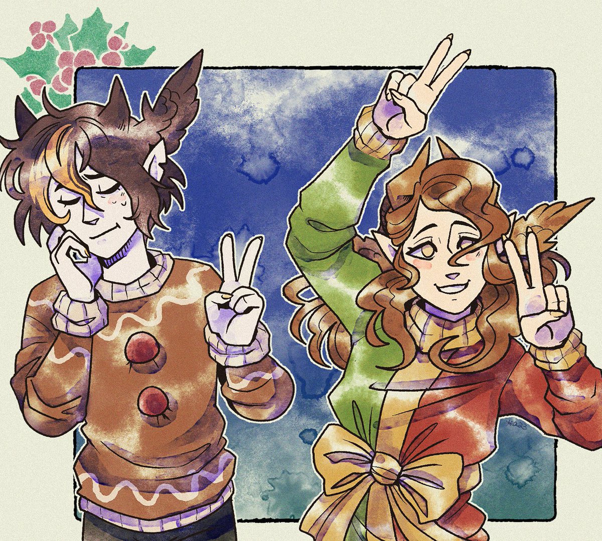 Ugly Christmas Sweater party, including @Alvh_Omega's Mei and @Nahamut's Denjo✨🎄🎁