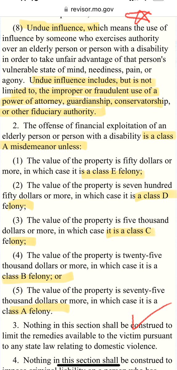 ProtectParents's tweet image. In Missouri,  Section 570.145 of its criminal code, #UndueInfluence is recognized as crime in its #FinancialExploitation statute which specifies a range of penalties from misdemeanor to various felony charges. Link attached. Would be interesting to see how successfully…