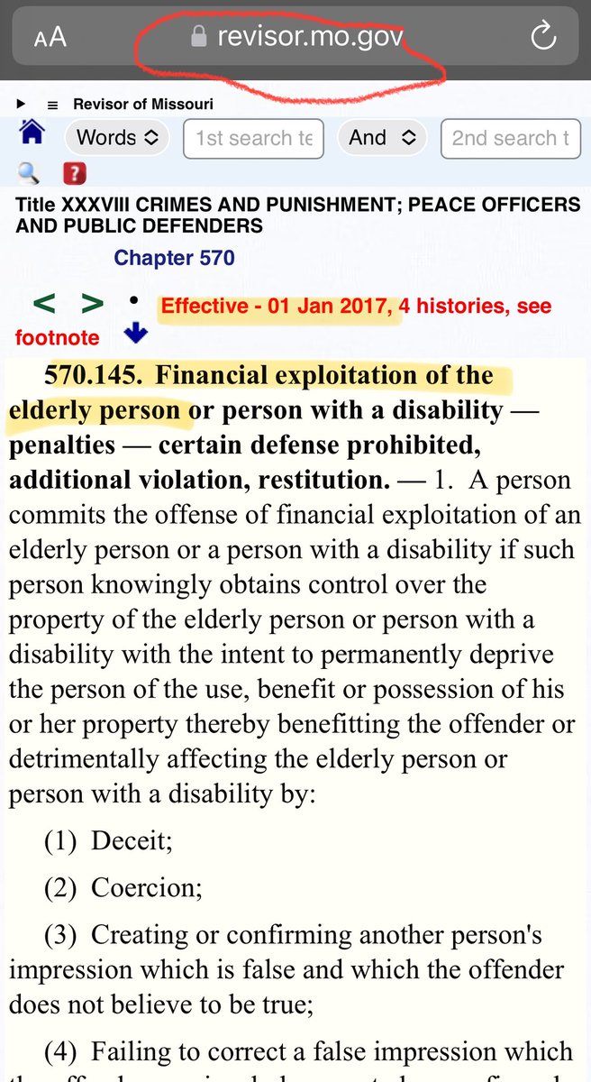 ProtectParents's tweet image. In Missouri,  Section 570.145 of its criminal code, #UndueInfluence is recognized as crime in its #FinancialExploitation statute which specifies a range of penalties from misdemeanor to various felony charges. Link attached. Would be interesting to see how successfully…