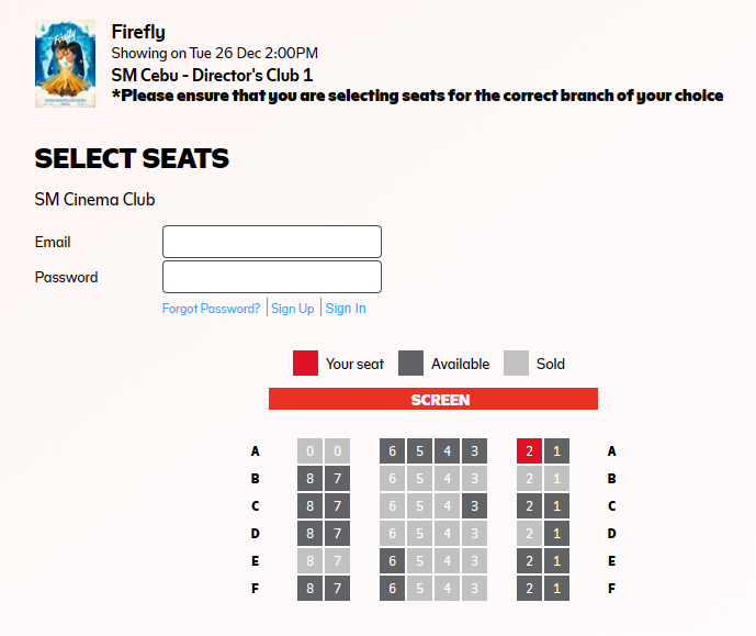 SM CEBU - DIRECTOR'S CLUB 
2:00 PM SHOWING  

ALMOST SOLD OUT!
#FireflyMovie 
#MMFF2023