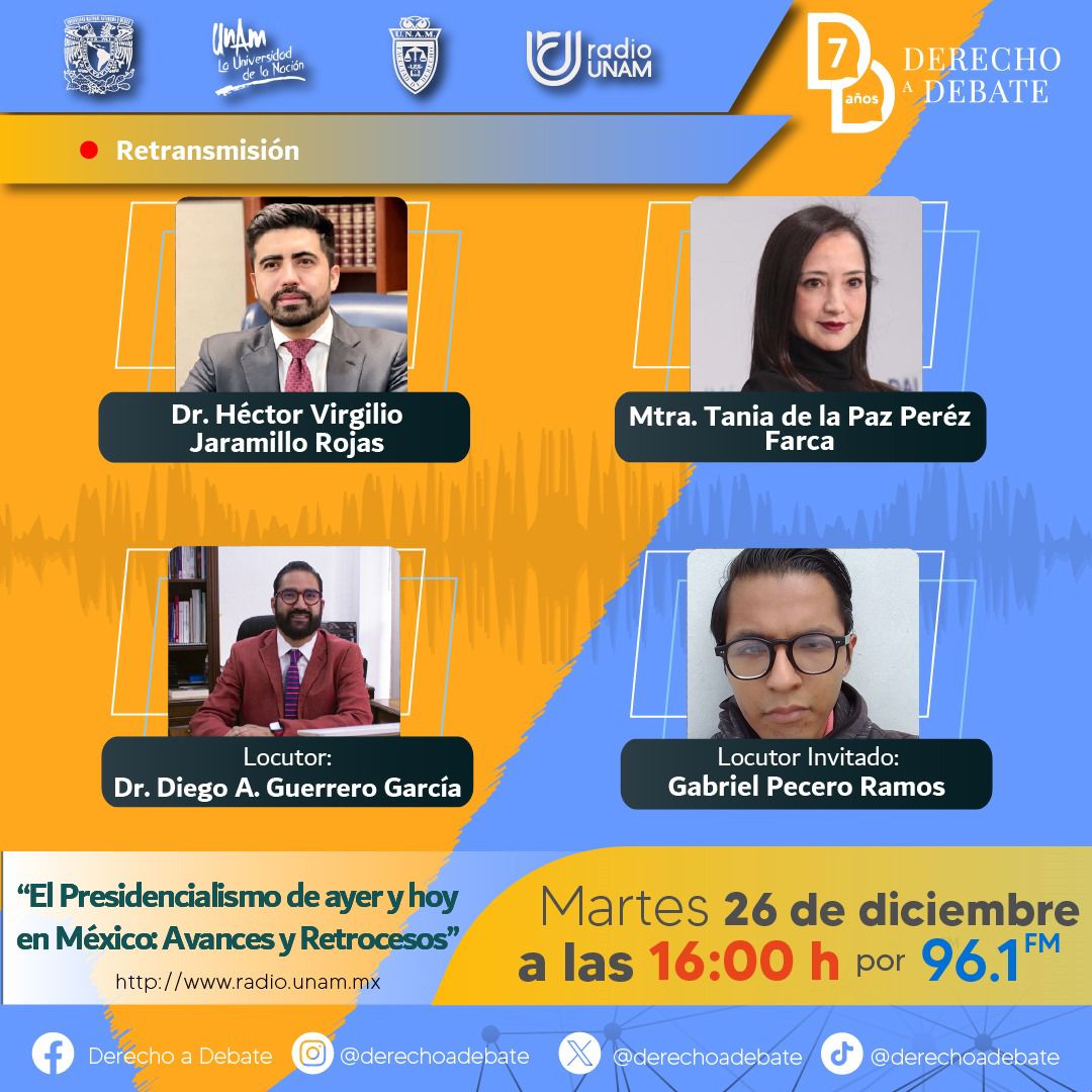 #Retransmision por @radiounam sobre "El #Presidencialismo de #ayer y #hoy en #México: #avancesyretrocesos" con la Mtra. <a href="/TaniaDeLaPazP/">Tania De La Paz Pérez Farca</a> Titular del Órgano Interno de Control en <a href="/Banobras_mx/">Banobras</a> y el Dr. <a href="/Virgilio_JR/">Héctor Virgilio Jaramillo</a> Académico de @derechounam
🎙 Dr. <a href="/DiegoAGuerreroG/">Diego Guerrero</a>
 🎙#GabrielPecero
