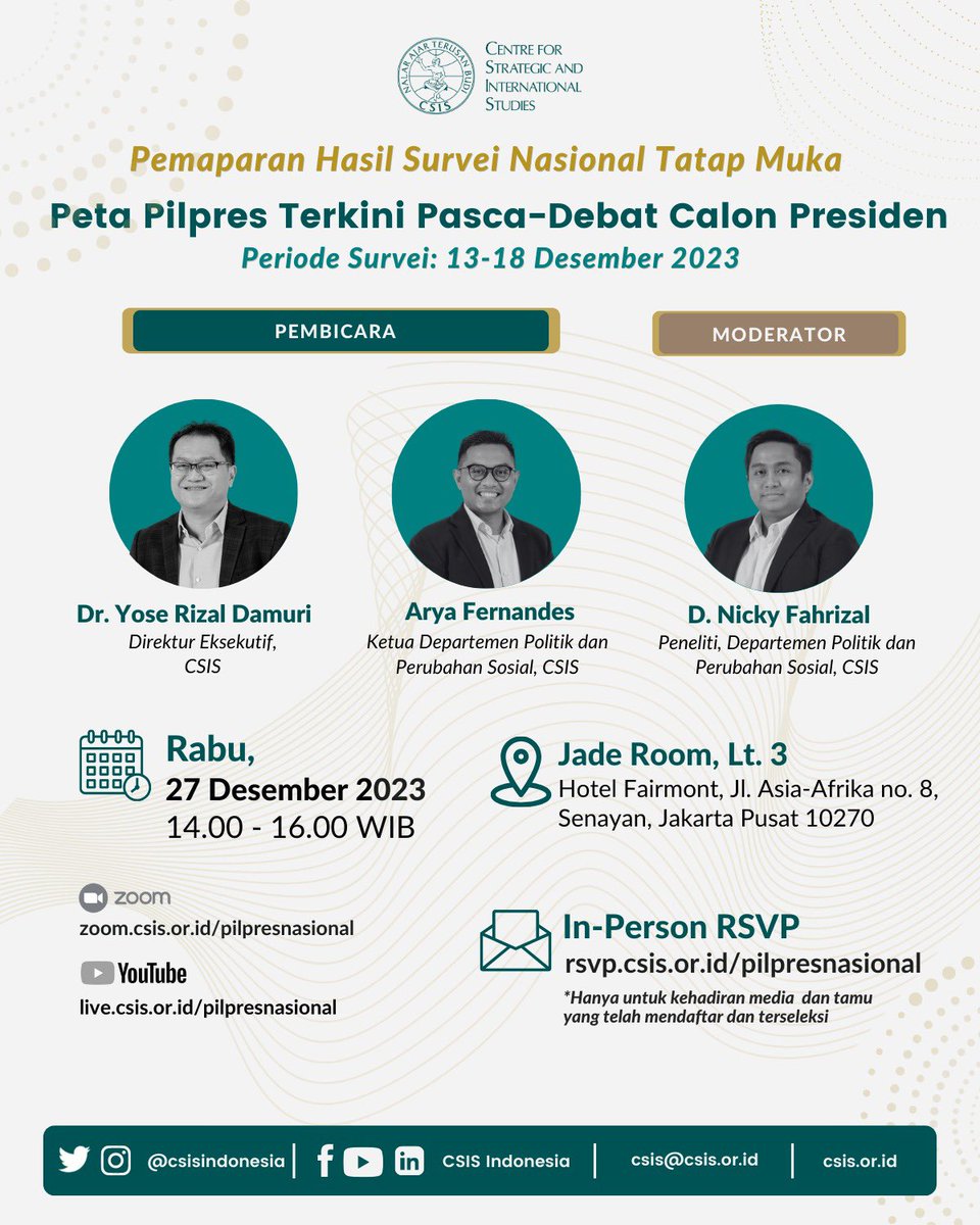 Rilis survei tatap muka CSIS besok. Yang berminat hadir langsung silakan RSVP.