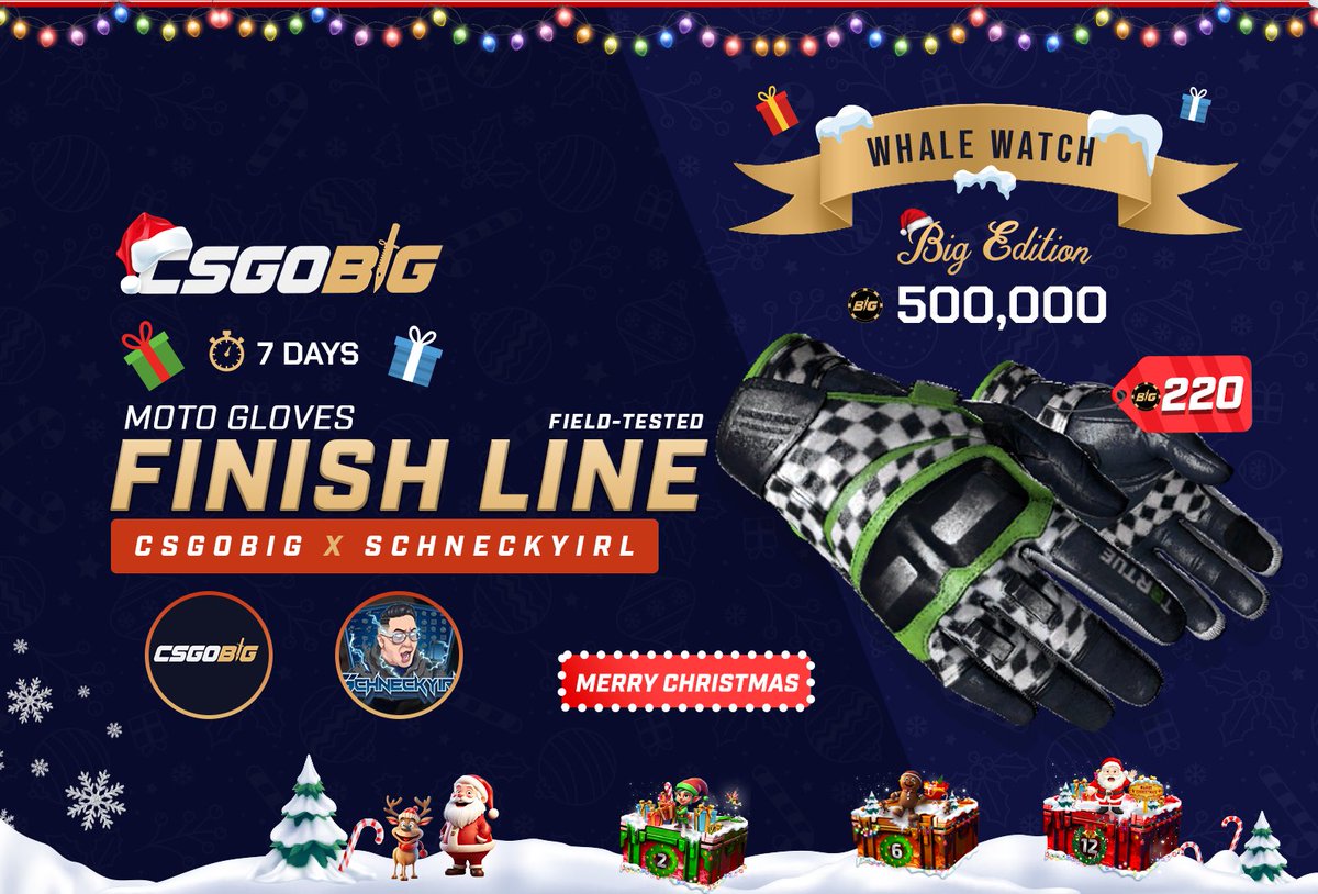 SchneckyIRL's tweet photo. 🎁🎄CHRISTMAS🎅Moto Gloves| Finish Line (Field Tested)
GIVEAWAY!!! ($220 Big Coins) 🎄🎁

Steps to join:
✅ Follow @SchneckyIRL 
✅ Follow @csgobig 
✅ Retweet + tag a friend

👉Make Account on https://t.co/iBS6SJ0wld (NO DEPOSIT REQUIRED) https://t.co/cBxVXFIxoi