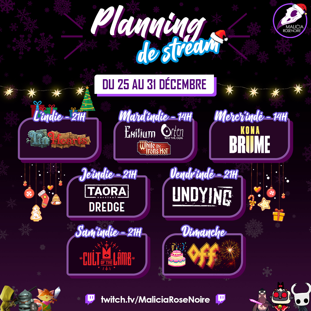 MaliciaRoseNoir's tweet photo. ✨ Voici le planning de la semaine 📅 :
🎁 Lun 21h : #TinHearts
🧢 Mar 14h : #OrtenWasTheCase, #WhileTheIronsHot et démo de #Exilium
❄️ Mer 14h : #KonaIIBrume
🪝 Jeu 21h : #TaoraBeginning et #Dredge
🧟 Ven 21h : #Undying
🐏 Sam 21h : #CultoftheLamb
🎂 Dim : Off
🤘🥳🤘 https://t.co/vlEgdPwF52