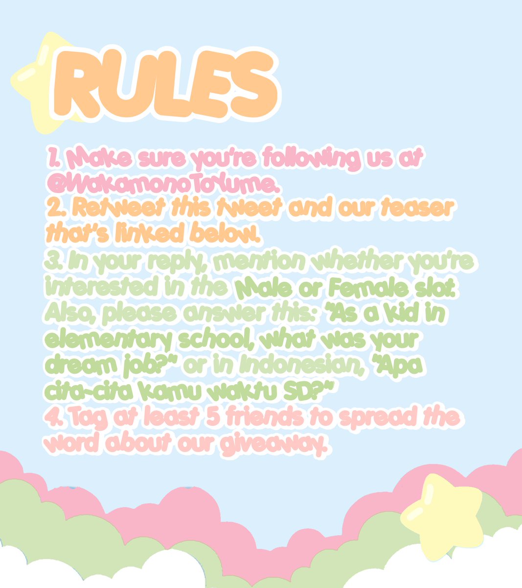 WakamonoToYume's tweet photo. 𝑮𝑰𝑽𝑬𝑨𝑾𝑨𝒀 𝑻𝑰𝑴𝑬.

@WakamonoToYume is giving away free passes to two lucky winners! Check out the entry rules below and make sure to enter by December 26, 8:00 PM GMT+7. Don't miss out on this amazing chance! 𓏲 ๋࣭  ࣪ ˖ https://t.co/ing0fpNmsZ