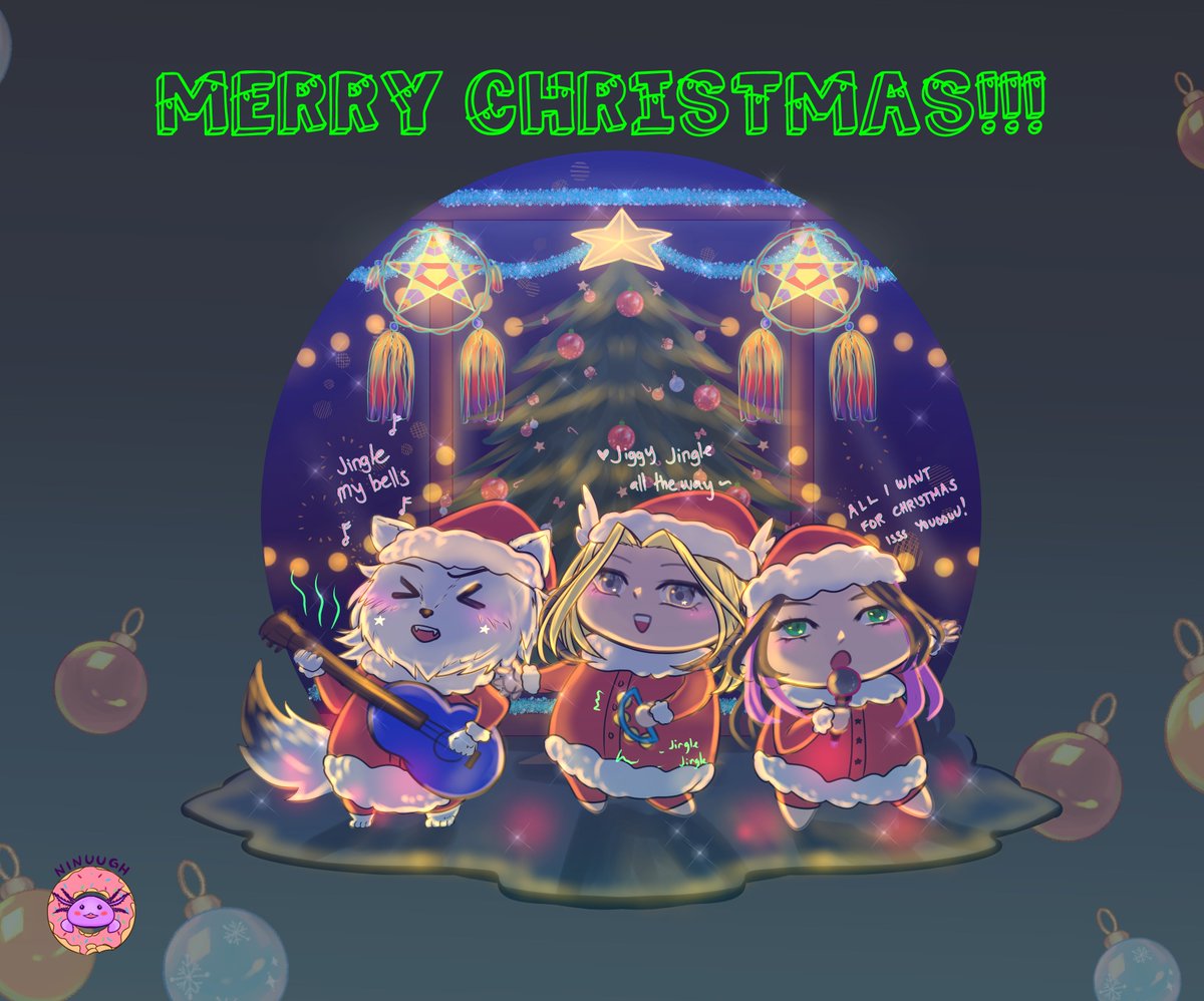 NinuughAXO's tweet photo. 💜🎄MERRY CHRISTMASS EVERYONE! 🎄💜
I was busy cuz of exams and research so I dont have much personal art but I made sure to give gifts to my dear friends! hihi

This was for @Steelteeth13 and @/Squishywulf in our caroling chaos XD https://t.co/lcLGq6gW5Q
