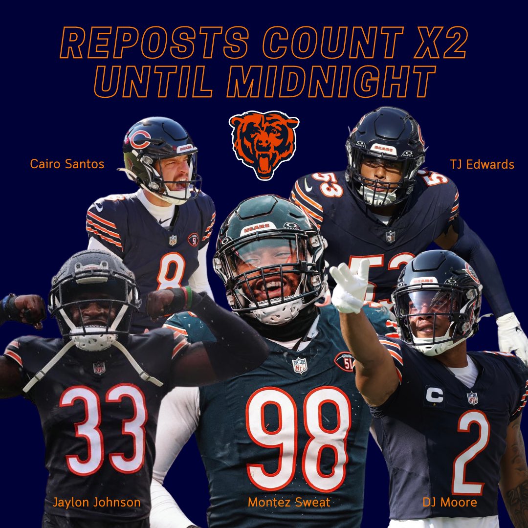 TONIGHT AT MIDNIGHT IS THE DEADLINE TO VOTE 🐻⬇️

DJ Moore #ProBowlVote 
Montez Sweat #ProBowlVote 
Jaylon Johnson #ProBowlVote 
TJ Edwards #ProBowlVote 
Cairo Santos #ProBowlVote 

‼️ REPOSTS COUNT AS TWO VOTES UNTIL MIDNIGHT ‼️
