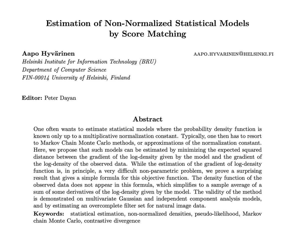 It's crazy how many modern generative models are 15-year old Aapo Hyvarinen papers.

Noise contrastive estimation => GANs
Score matching => diffusion
Ratio matching => discrete diffusion

If I were a student today, I'd carefully read Aapo's papers, they’re a gold mine of ideas.