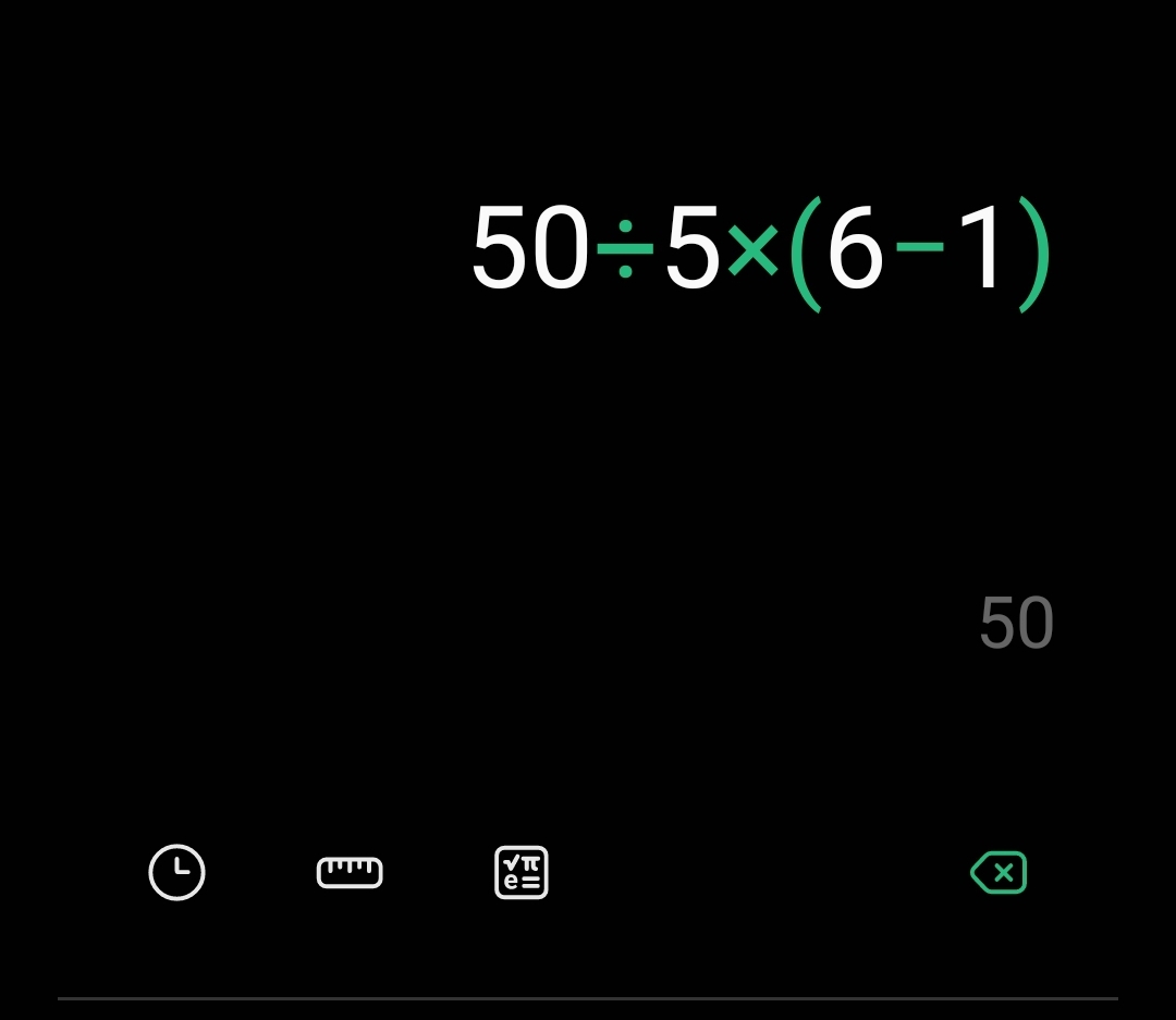 ryukenblue's tweet photo. @_SuccessMinded_ 50 ÷ 5(6-1)
50 ÷ 5(5)
Now since multiplication amd division are at the same level, you can do PEDMAS from left to right.
50 ÷ 5 (5) => 10(5) = 50
If you type it in your calculator, itll yield the same result. https://t.co/5XIRIwVydG