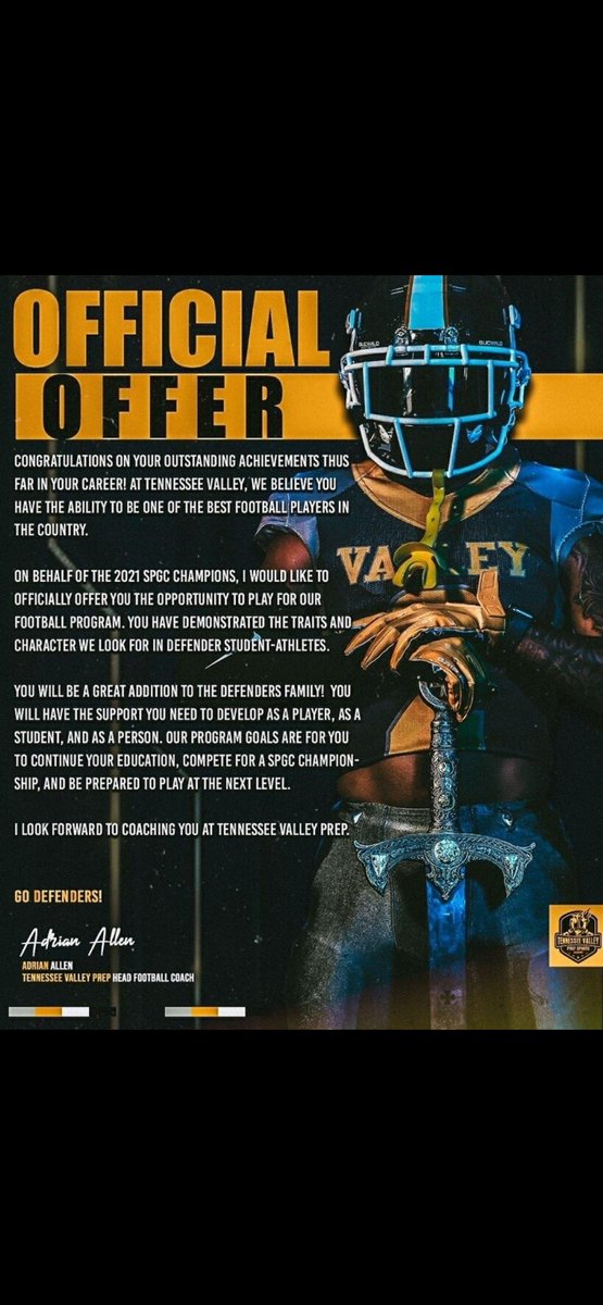 Thank you @tnvpsa for giving me my first offer! 
<a href="/HHSPantherFB/">HHS Panther Football</a> 
<a href="/AL7AFootball/">Alabama7AFootball</a> 
<a href="/247recruiting/">247Sports Recruiting</a>