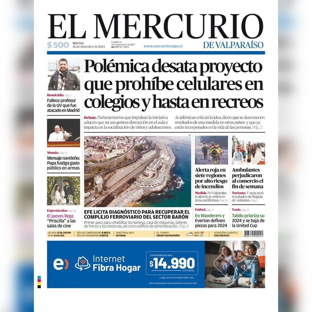 📣 Este martes en El Mercurio de Valparaíso
🗞️ Polémica desata proyecto que prohíbe celulares en colegios y hasta en recreos
📷 EFE licita diagnóstico para recuperar el complejo ferroviario del sector Barón
🌎 Lee más en mercuriovalpo.cl