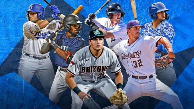 From left to right: Abimelec Ortiz in a Rangers jersey, Ryan Bliss in a Mariners jersey, Ivan Melendez in a D-backs jersey, Justice Bigbie in a Tigers jersey, Ryan Bergert in a San Antonio Missions jersey and Luis Vasquez in an Iowa Cubs jersey