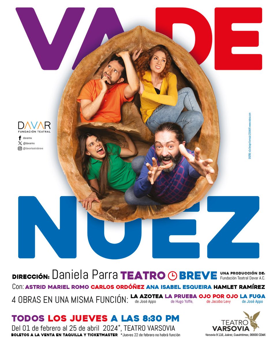 DavarMx's tweet photo. ¡El caos está servido en “Va de Nuez”! Dos personas de limpieza, una joven enamorada, dos matrimonios enredados en venganzas y una mancha misteriosa. La vida se despliega en una comedia imprescindible. ¡Únete a esta travesía de situaciones cómicas y desordenadas! #FelizNavidad https://t.co/AR0v2MZJro