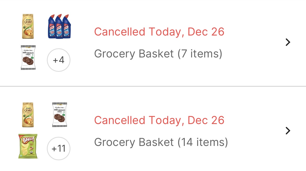 _banjaran's tweet photo. Extremely disappointed with @Flipkart Grocery Services !!

2 baskets worth 2.5k got cancelled after 2 days of promised delivery date. Firstly, they delayed the delivery by 2 days and later, they cancelled the order itself. https://t.co/QGww6A3wUM