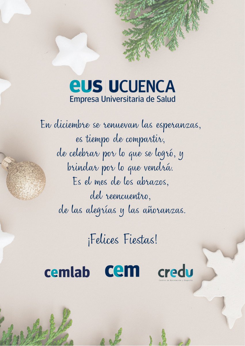 EUS_EP_UCuenca's tweet photo. Felices fiestas
@augustahermida @boriscoellar @BojorqueVilma @udecuenca @Medicina_ucue #CEM https://t.co/P3kshpm6Wl