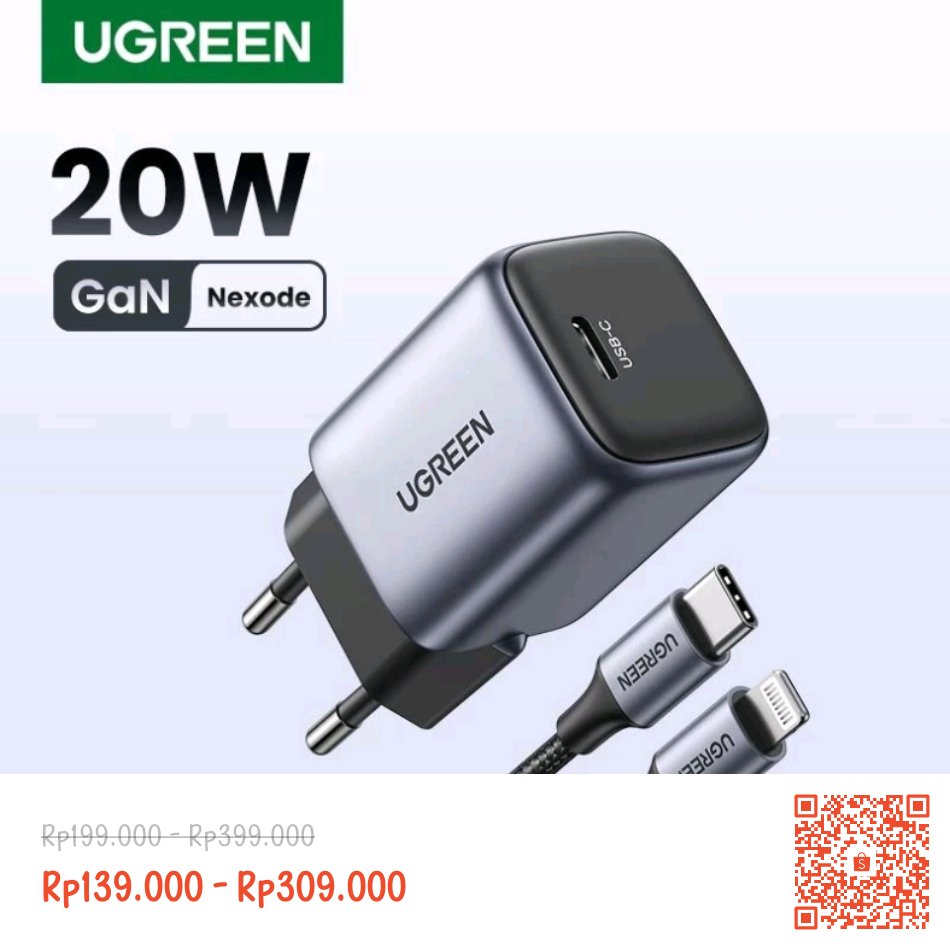 jwogeb's tweet photo. Temukan dan dapatkan Ugreen GaN Charger 20W 30W 45W USB C PD Fast Charging hanya Rp139.000 - Rp309.000 di Shopee sekarang juga! https://t.co/rKYy2kwCRX #ShopeeID https://t.co/6M9N9Ogw6t