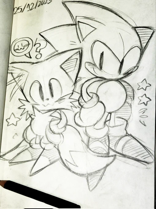 I drew a Sonic and Tails doodle on my sketchbook with a very small pencil lol 