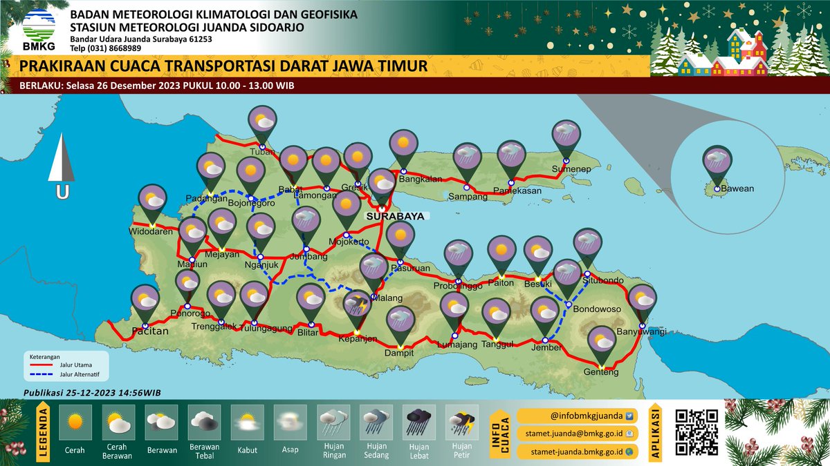 infobmkgjuanda's tweet photo. Potensi hujan ringan-lebat cukup merata di jalur darat (provinsi) Jatim
Utamakan keselamatan ya sobat
#cuaca #jalurdarat #jalanraya #jalanprovinsi #jatim #posko #natal2023 #tahunbaru2024 #mudikaman #mudikselamat #liburanpanjang #longweekend https://t.co/eV2nD41byl