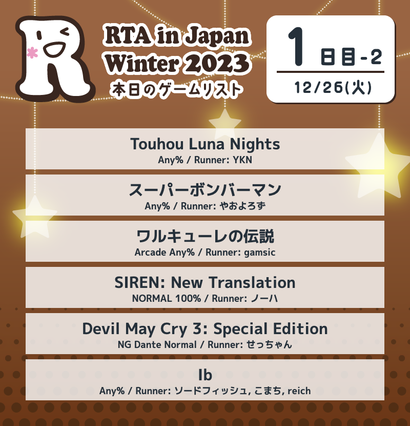 RTA in Japan Winter 2023では全90のRTAが行われます！

本日1日目に行うゲームリストはこちらになります。
興味のあるゲームがありましたらぜひご視聴ください！

スケジュールはこちら
horaro.org/rtaij/rtaijw20…

配信はこちら
twitch.tv/rtainjapan

#RTAinJapan