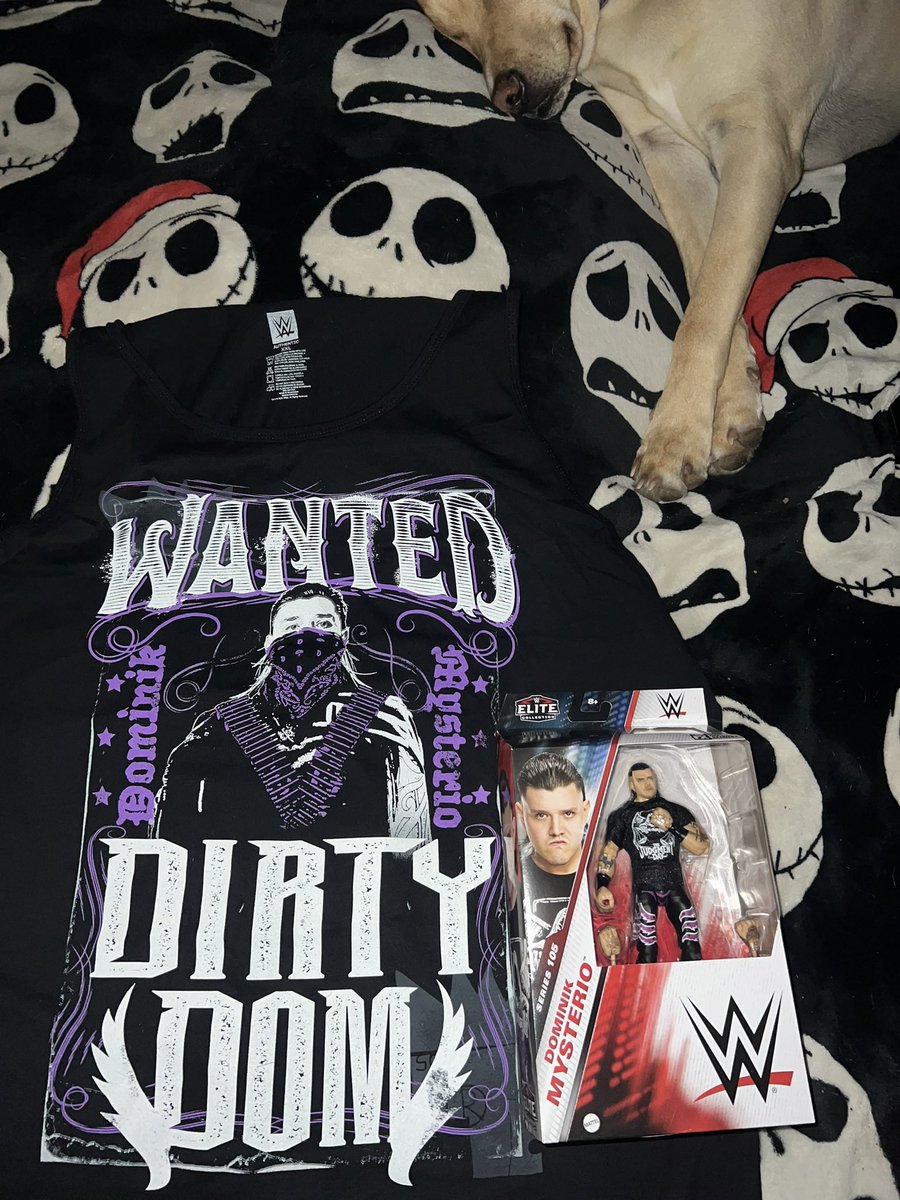 evamaecarter's tweet photo. My two favorite gifts from today! @DomMysterio35 tank top &amp; figure! https://t.co/QVfECyprR2
