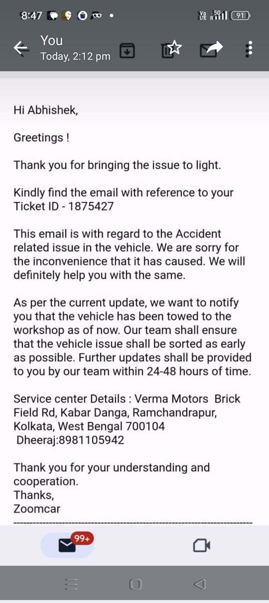 WickedSunny143's tweet photo. @Zoomcar_India @Zoomcar_India My car is in Verma motors Kolkata through Go for garage, this is my 9th Post from last 6minths, please return my car how long does it take to repair https://t.co/hEsmiXpiDO