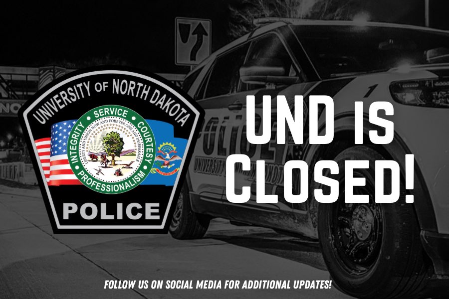 Closure Alert: The <a href="/UofNorthDakota/">U of North Dakota</a> will be closed at 10:00 PM on December 25th and will reopen on Wednesday December 27th at 8:00 AM due to anticipated weather conditions. Only essential personnel should report as scheduled. #BestCopsAround