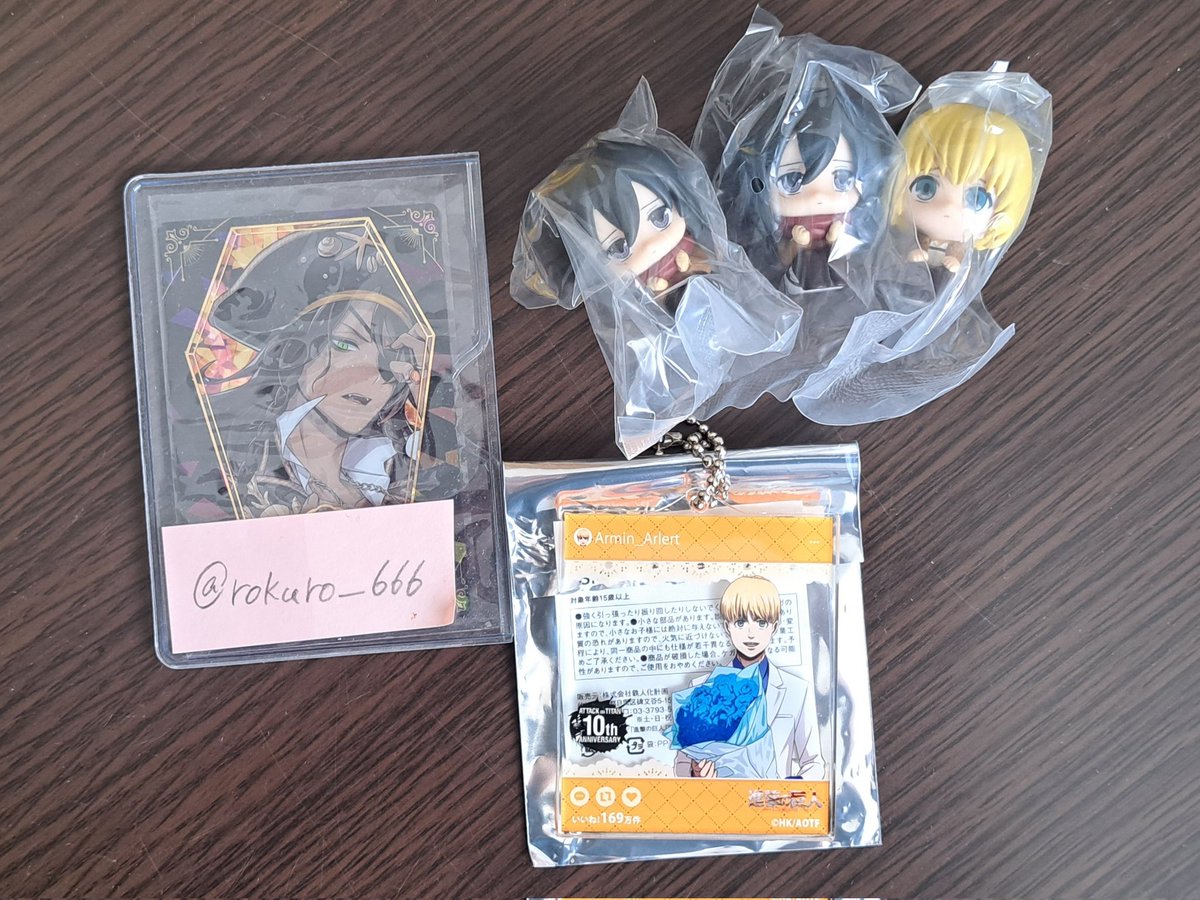 rokuro_666's tweet photo. 【交換/譲渡】進撃の巨人 カラ鉄 カラオケの鉄人 まちぼうけ ガチャ アクキー アクリルキーホルダー

【譲】アルミン、ミカサ 2

【求】同異種 リヴァイ>>同異種 エレン、定価+送料
アクキーはリヴァイのみ

郵送のみ
検索からでも気軽にお声掛けください https://t.co/jA1OksKMXV