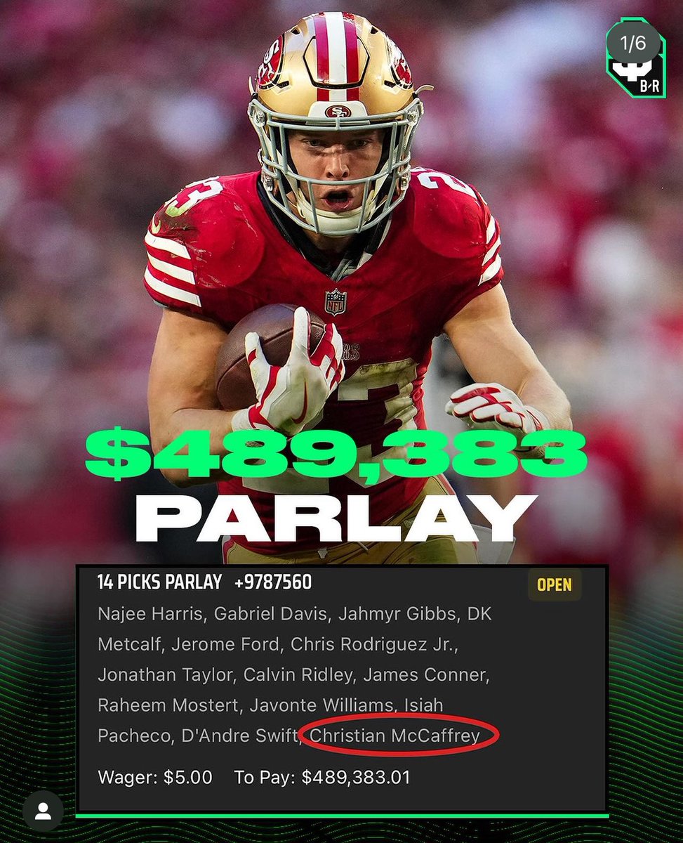 ChrisDevia13's tweet photo. With Christian McCaffrey scoring on that drive, a bettor just won 490K on a $5 dollar Parlay. A Christmas Miracle 

#Ravens #Niners https://t.co/1HwAJE7mDq