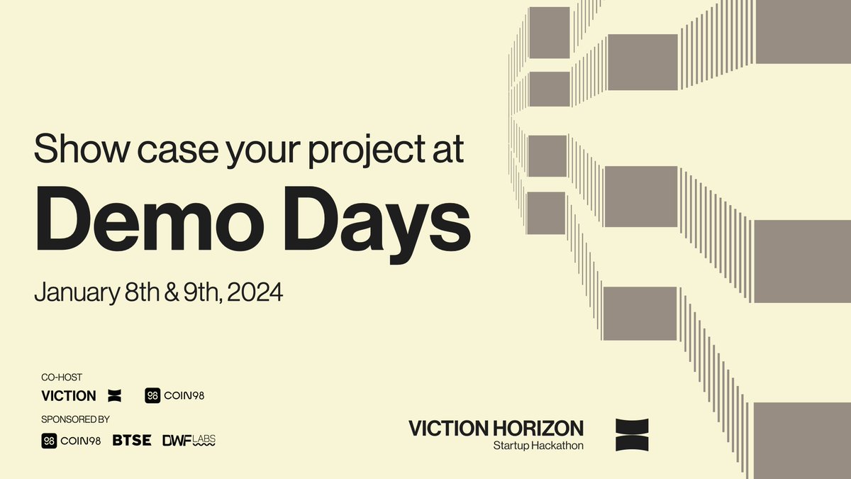 BuildOnViction's tweet photo. 📢 Demo Days are on the horizon! 

🗓️ On January 8th and 9th, 2024, the shortlisted teams of Viction Horizon Startup Hackathon will have the incredible opportunity to present and showcase their projects. 

⏳ Make sure to submit your projects promptly before December 27th at https://t.co/gcUBn2HXF8. 

🔍 We'll carefully review all the submissions and announce the shortlist on January 2nd, 2024.