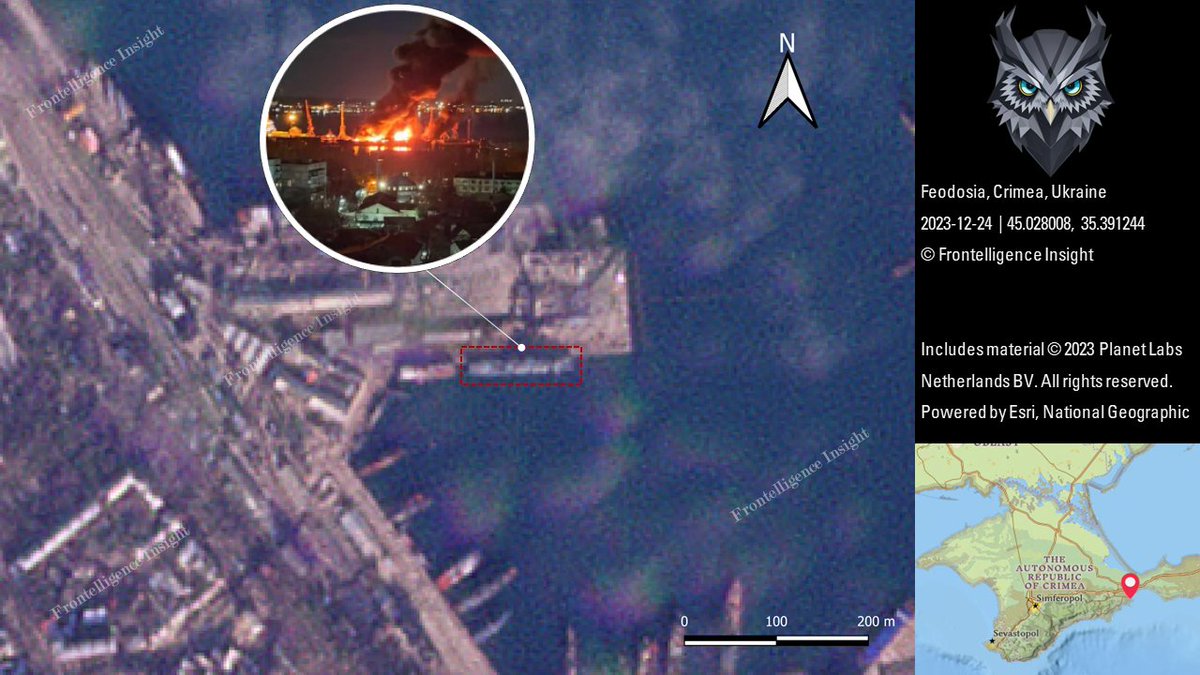 Mykola Oleshchuk, Commander of the Ukrainian Air Force, confirmed the destruction of the landing ship "Novocherkassk" in Feodosia. Analyzing the explosion video, I cross-referenced it with sat imagery from 24.12, verifying the presence of the Ropucha-class landing ship