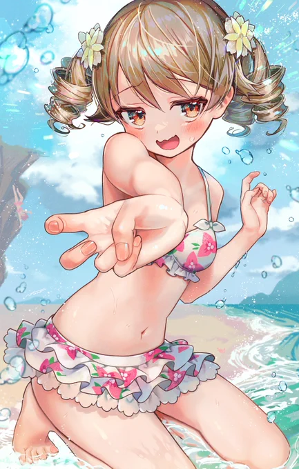 はしゃぎまくってるもりくぼ&幸子 #くそ寒いので水着絵を貼る #森久保乃々