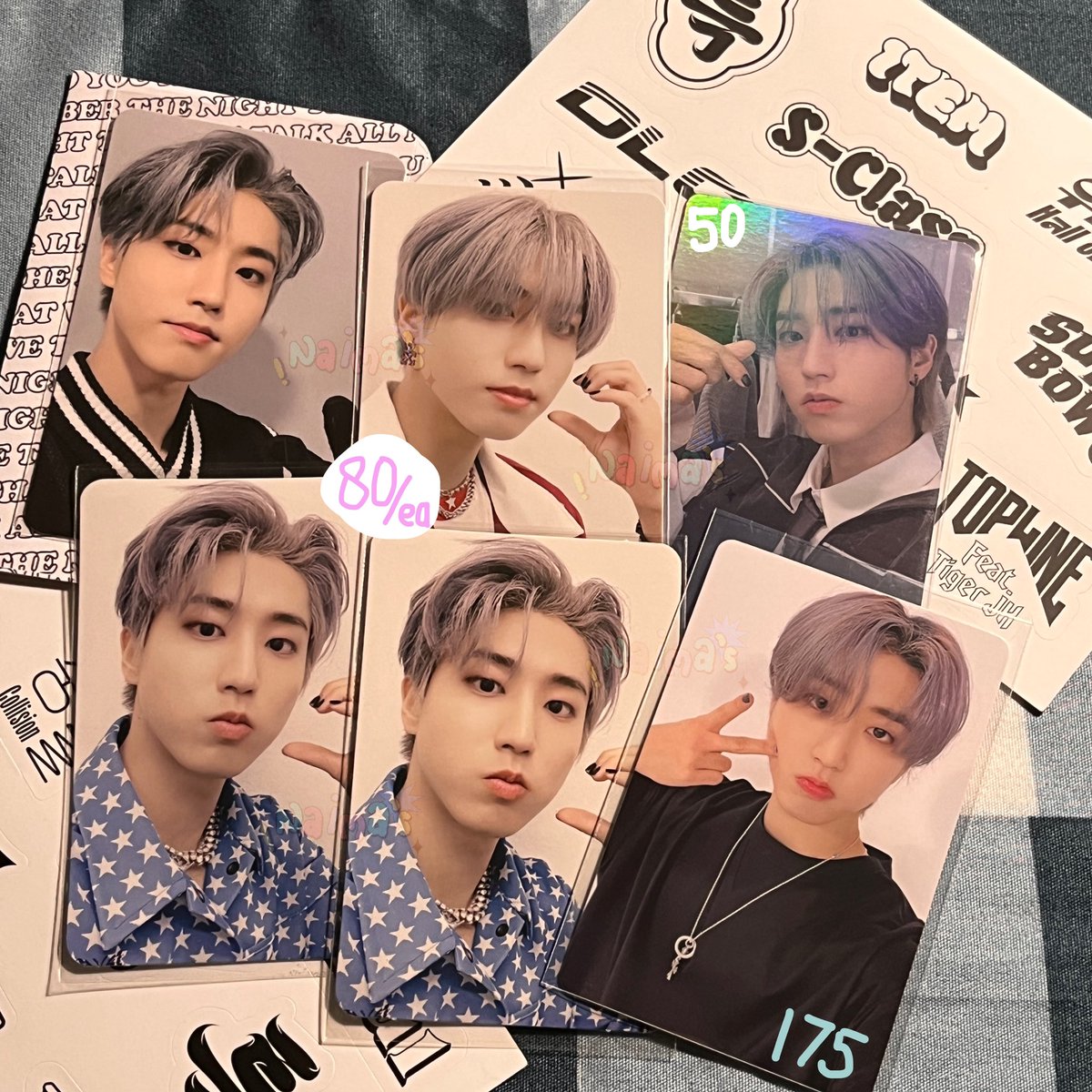wts // want to sell

aab han jisung 5star
☆ lucky draw soundwave r4 r3
☆ withfans yizhiyu r1
☆ kmstation ld

—  price on pic (inc pack, ex adm 3,2%)
—  not for sensitive buyer :)
— ina based, jatim
— vidcon: bit.ly/aabhanji DO NOT STEAL!

t. lfb sw round ina wf yzy skz