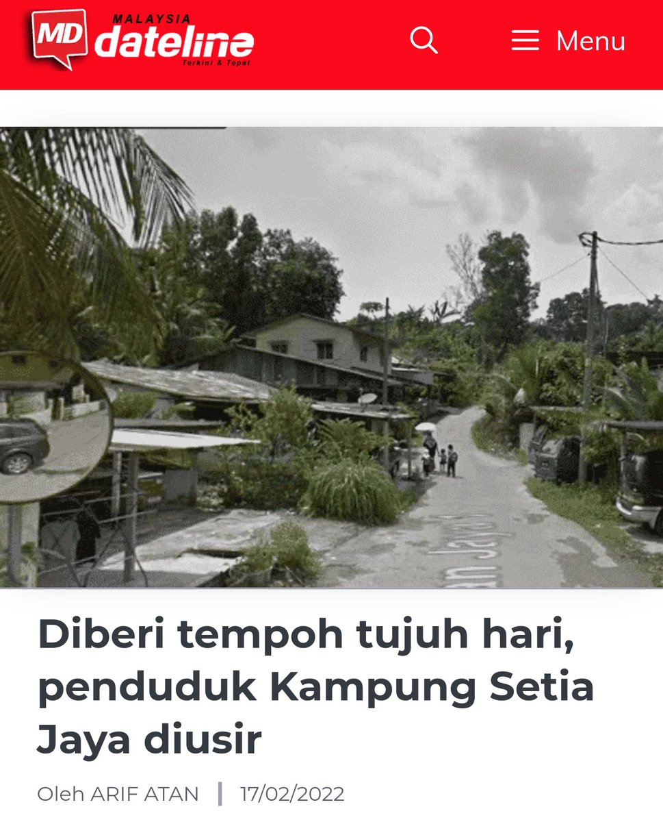 FaktaBukanAuta's tweet photo. Tahukah anda tahun 1973 Tun Abdul Razak telah mecadangkan kawasan Kg Setia Jaya, juga beberapa kawasan sekitar Setapak & Wangsa Maju diteroka & dijadikan penempatan veteran tentera sama seperti Kg Congo di Bandar Tun Razak.

Sebab tu majoriti peneroka asal Kg Setia Jaya adalah veteran tentera.

Datang tahun 1991, tanah Kg Setia Jaya diberi kpd TARC Education Foundation.

PM tahun 1991 dgn Chairman TARC tahun 1991 macam abang dengan adik la kalau nak tau.

Ok situ duduknya.

Feb 2022, lawyer TARC hantar notis pada penduduk Kg Setia Jaya dakwa mereka ceroboh tanah persendirian.

Siap masuk paper lagi TARC minta 7 hari utk mereka keluar dari situ.

Masa ni PAS jadi Kerajaan, tapi satu apa pun mereka tak buat.

Penduduk minta jumpa Menteri Wilayah Shahidan Kassim, dapat jumpa 2 minit je. 

Tapi hari ni tetiba PAS jadi pejuang isu Kg Setia Jaya.

Harakahdaily siap buat live hari ni. 🤣

✅ Kes Kg Setia Jaya
✅ Kes Nik Elin
✅ Cukai LVG

3 perkara ni terjadi waktu PAS dalam kerajaan tapi mereka tidur waktu ada kuasa!

Siap kata jangan sampai Kg Setia Jaya jadi macam Gaza.

Eceiii walhal penduduk dapat notis pengusiran waktu dia jadi Kerajaan. 🤣