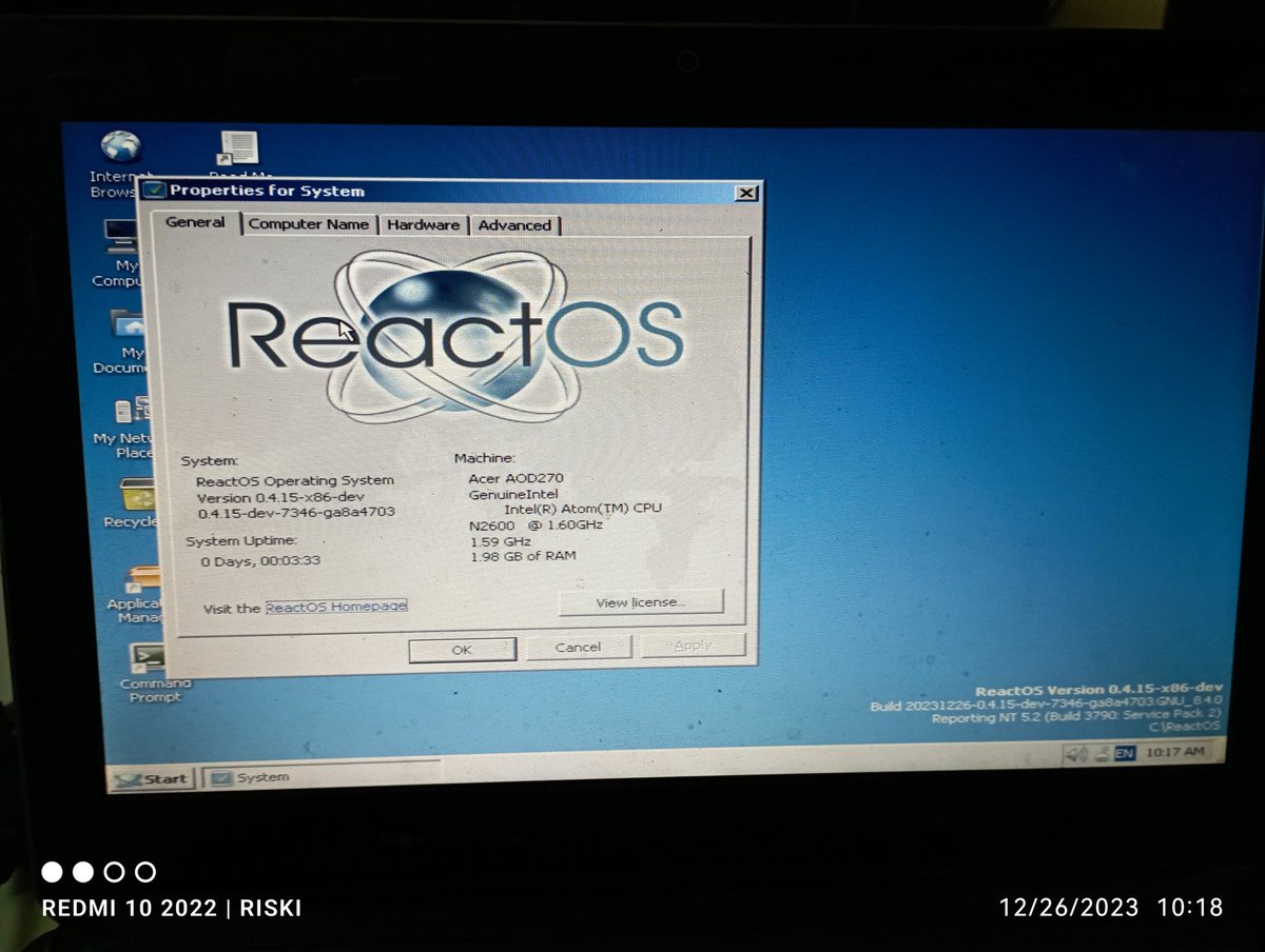 riskirosianto22's tweet image. @reactos react OS successfully installed on my Acer Aspire One D270 some driver won't start