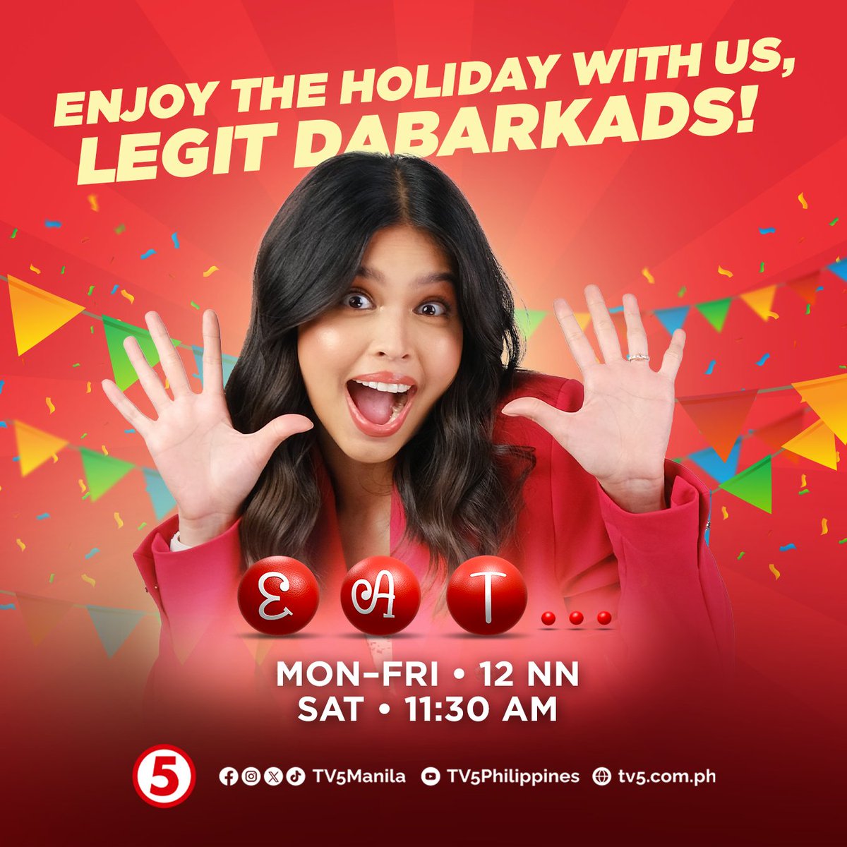TV5manila's tweet photo. Make your holidays extra special kasama ang #TVJ at #LegitDabarkads! 🥳

Tumutok na sa TV5, o sa ating livestream via TV5 Facebook page o sa TV5 Philippines YouTube Channel: https://t.co/rNJL12gNi0 

#EATTV5 #TVJonTV5 #LunchtimeSayaTV5 https://t.co/nLl5wpaJm9