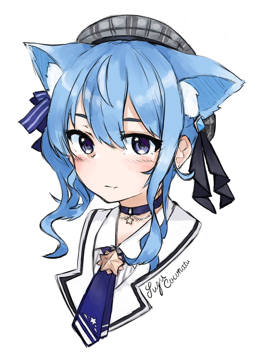 hoshimachi suisei ,hoshimachi suisei (1st costume) 1girl animal ears solo cat ears blue hair plaid headwear hat  illustration images
