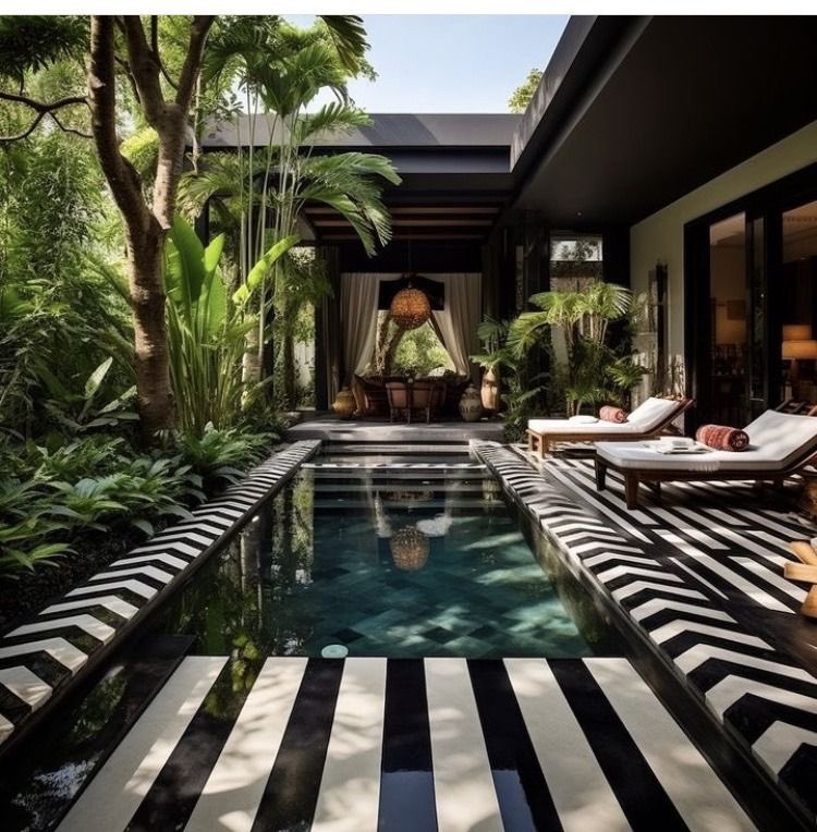 Backyard Goals!! #backyard #backyardgarden #backyarddesign #pool #pooltime #poolside #pooldesign #poolhouse #garden #blackandwhite #black #white #invasthu #Interiordesignideas #sunshyneinternational #conceptstoreality #interiør sunshyneinternational.com indesygn.com