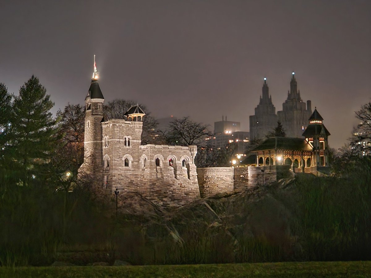 Central Park's Belvedere Castle tonight, with the towers of the San Remo in the background.