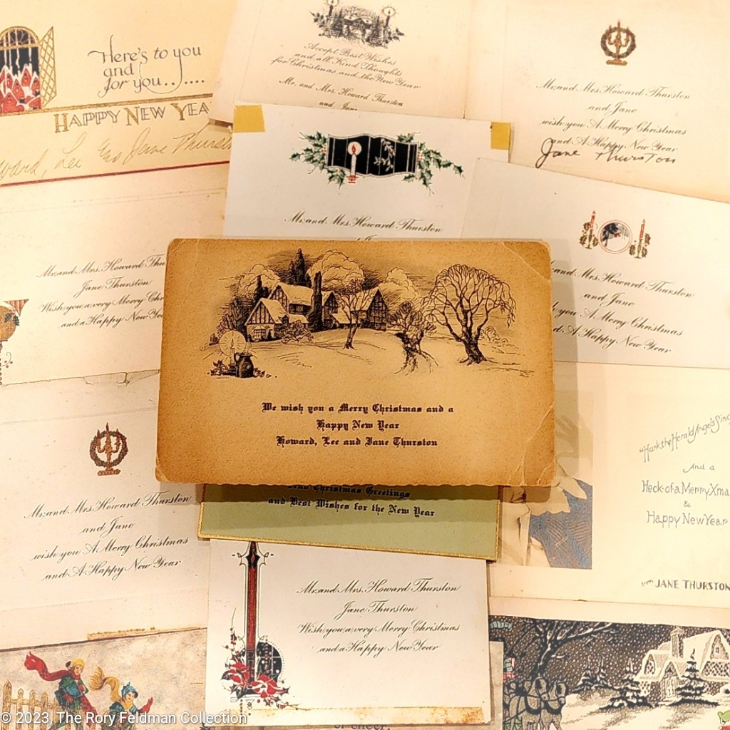 Rory_Feldman's tweet photo. "We wish you a Merry Christmas... Howard, Lee, and Jane Thurston" #wondershowmuseum #museumofmagic #magic #magician #collection #museum #thurston #antique #curiosities #advertising #ephemera #goldenageofmagic #illusion #illusionist #stagemagic #happyholidays #happynewyear https://t.co/1vaiUNVABK