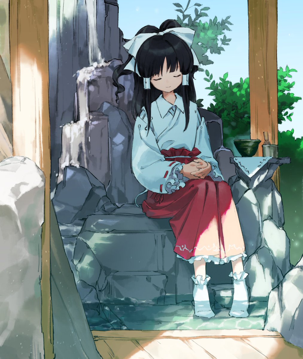 hakurei reimu 1girl solo closed eyes skirt socks sitting japanese clothes  illustration images